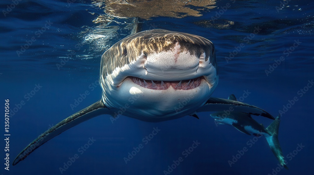Fototapeta premium Majestic Great White Shark Gliding Through Crystal Clear Ocean Waters in Vibrant Underwater Scene