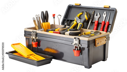 Toolbox with set of tools including hammer, screwdriver, pliers, wrench, drill, and other instruments for construction and repair