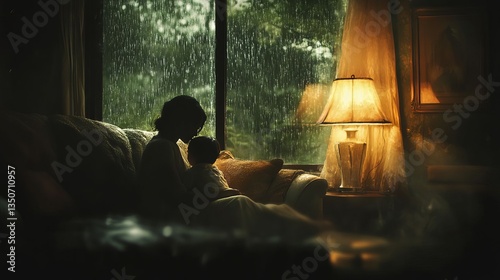 Rainy Day Comfort Mother and Child Embrace by Window Soft Light