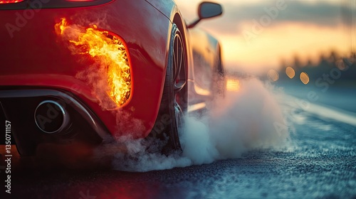 Close-up of Smoke and Fire Coming from a Red Sports Car's Exhaust Pipe on the Road