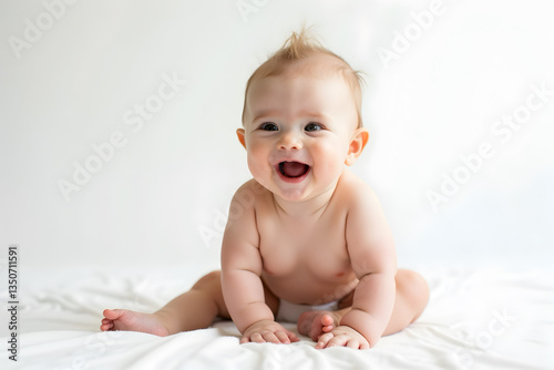 Detail and 4k resolution image idea about Cute and funny ,smiling baby wearing white shirt and sitting on the floor isolated on blue background