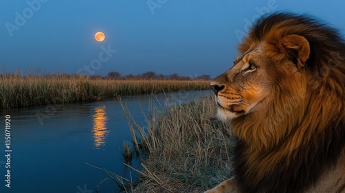 Majestic Lion Gazing at the Full Moon over a Reflective River in a Serene Wilderness Setting