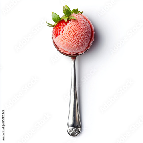 Delicious strawberry ice cream scoop on silver spoon sweet dessert treat red top pink food cold ripe view life tasty
