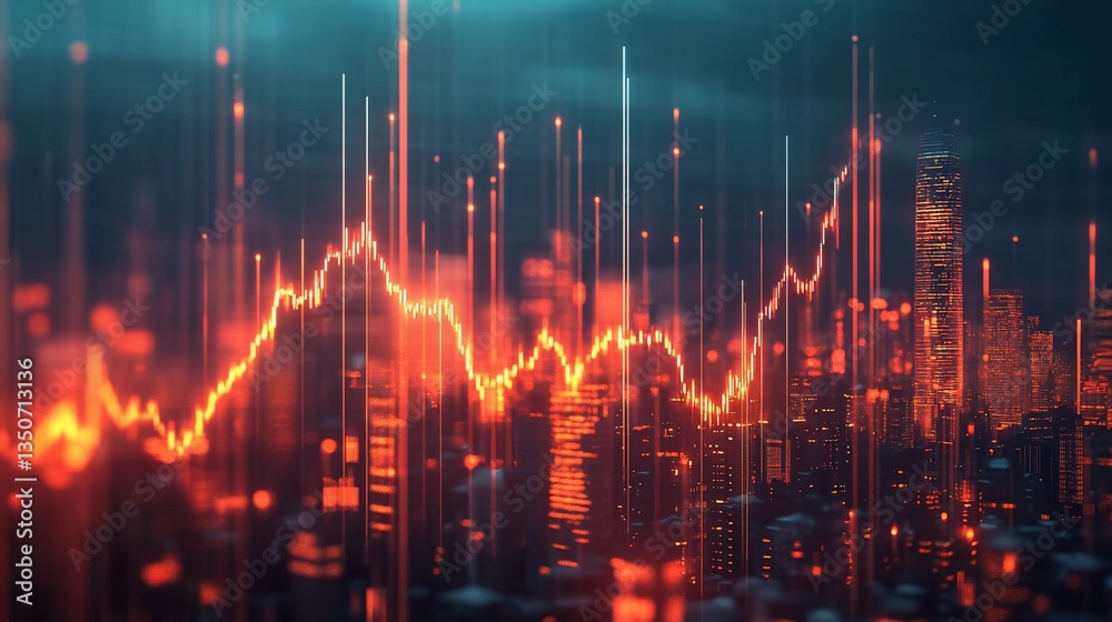Financial Graph Overlay on a Cityscape Displaying Market Volatility and Data Analysis Financial Graph Overlay on a Cityscape Displaying Market Volatility and Data Analysis