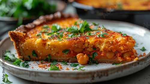 Algerian karantika chickpea pie slice harissa plated cleanly bright and clean on white surface