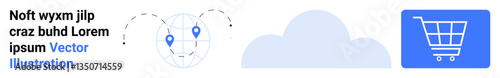 Globe with location pins, cloud, and shopping cart representing e-commerce, global delivery, data storage, logistics, technology, digital business and service operations. Ideal for simple landing