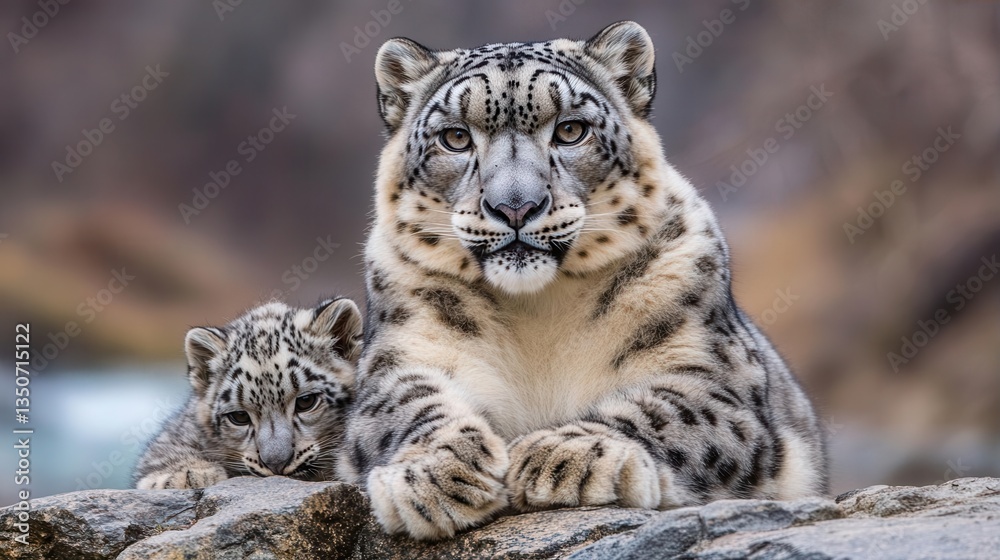 Mother Snow Leopard Resting with Her Playful Cub on Rocky Terrain in the Wild Nature Mother Snow Leopard Resting with Her Playful Cub on Rocky Terrain in the Wild Nature
