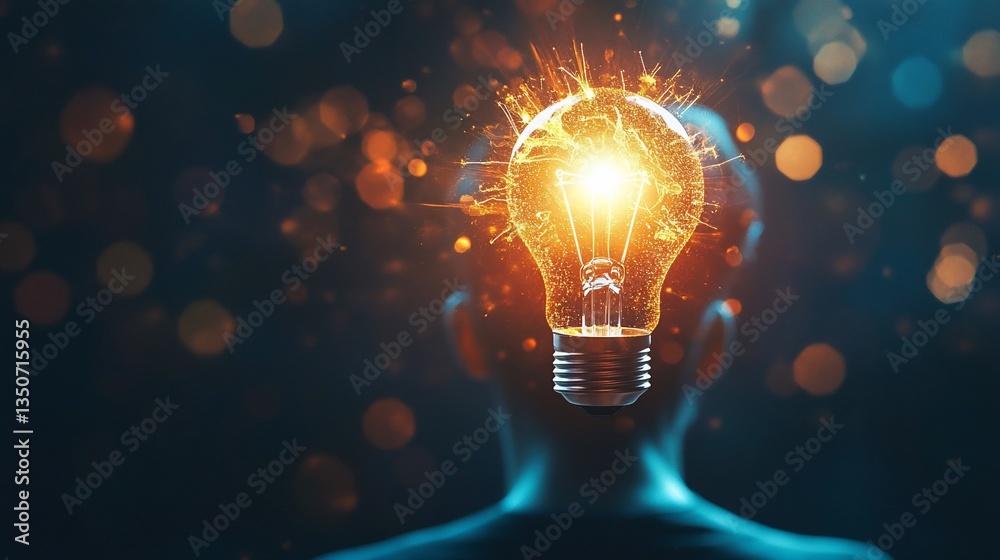 A glowing lightbulb bursts with idea above a person's head symbolizing innovation A glowing lightbulb bursts with idea above a person's head symbolizing innovation