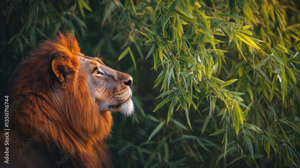 Naklejka premium Profile of a Majestic Lion Among Bamboo Forest Under Soft Sunlight in Natural Habitat