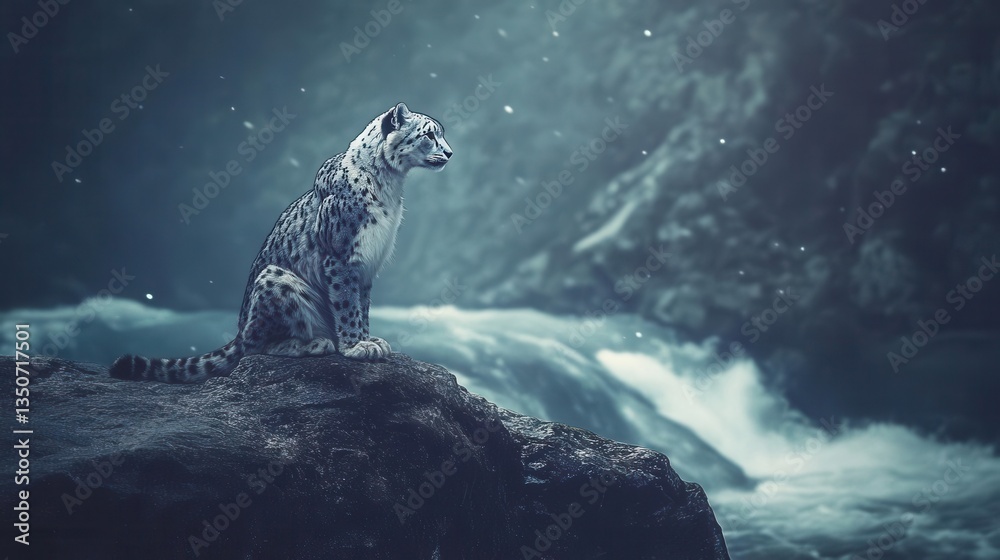 Obraz premium Snow Leopard Gracefully Sitting on a Rock Near a Waterfall in a Snowy Mountain Landscape