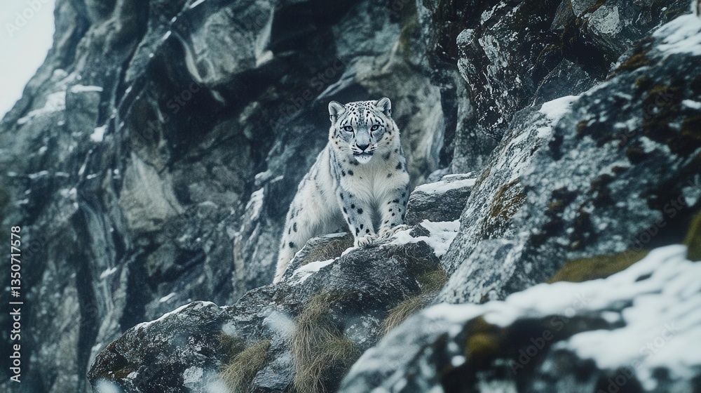 Obraz premium Snow Leopard Observing from Rocky Outcrop in Snowy Mountain Landscape