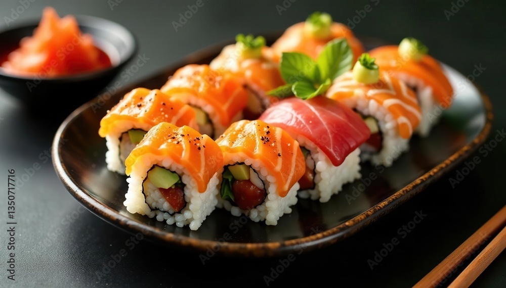Sushi platter with various rolls, wasabi, pickled ginger, meal, sauce Sushi platter with various rolls, wasabi, pickled ginger, meal, sauce