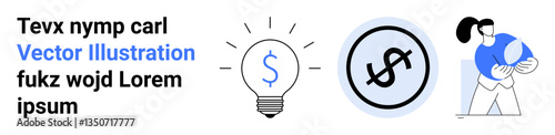Lightbulb with currency idea, dollar sign in a circle, woman holding globe. Ideal for finance, innovation, teamwork, sustainability, global business, creative solutions simple landing page