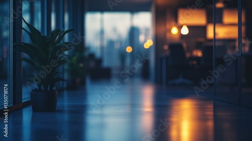 Wallpaper Mural Modern office interior with plant, blurred background, warm lighting, and sleek floor. Torontodigital.ca