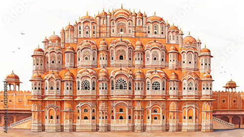 Vibrant and Precise Watercolor Illustration of Jaipur's Hawa Mahal, Capturing Its Ornate Jharokhas, Delicate Patterns, and Majestic Design on a White Background