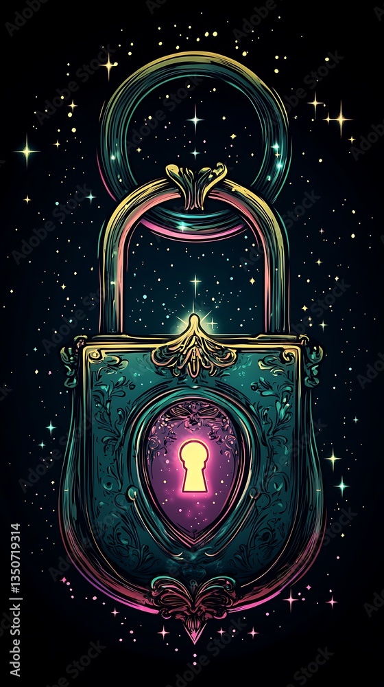 Fototapeta premium Ornate Lock Amidst a Starry Cosmic Sky Fantasy Security Secret Protection Mystery Safeguard Unlock Concept