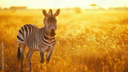 Zebra Standing in a Golden Grassland During Sunset in the African Savanna