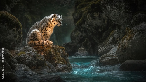 Snow Leopard Sitting on a Rock Beside a Turquoise River in a Lush Mountain Forest Setting