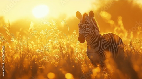 Zebra Standing Solitary in Golden Grass at Sunset in African Savannah Under Warm Sunlight