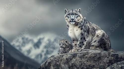 Snow Leopards Resting on Rocky Outcrop with Majestic Mountain Range in Background