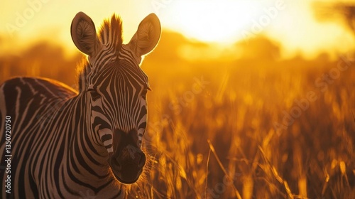 Zebra Walking Through Tall Grass at Sunset in the African Savanna with Warm Golden Light