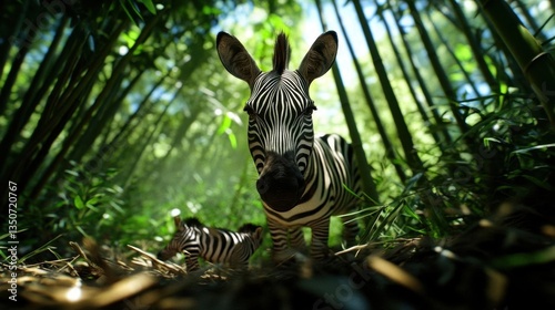 Zebras in a Lush Bamboo Forest with Sunlight Streaming Through Green Leaves in Nature