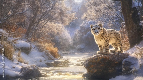 Snow Leopard Standing On A Rock Beside A Stream In A Snowy Forest During Winter Morning Light