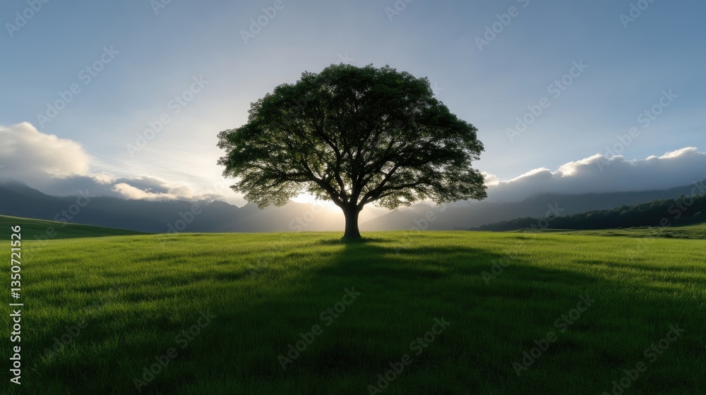 Obraz premium Solitary tree on a grassy plain at sunrise