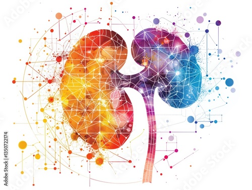 Colorful drawing of a kidney with a network of lines and dots surrounding it