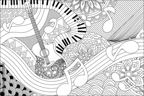 Adult Coloring Page Melody And Guitar Outline