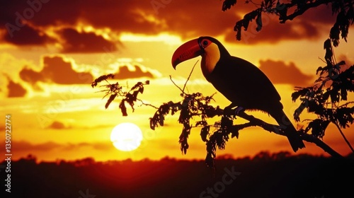 Toucan Silhouette on a Branch Against a Vibrant Sunset Sky in a Tropical Landscape