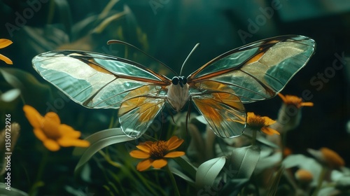 Translucent Butterfly with Colorful Wings Flying Above Vibrant Flowers in a Lush Garden