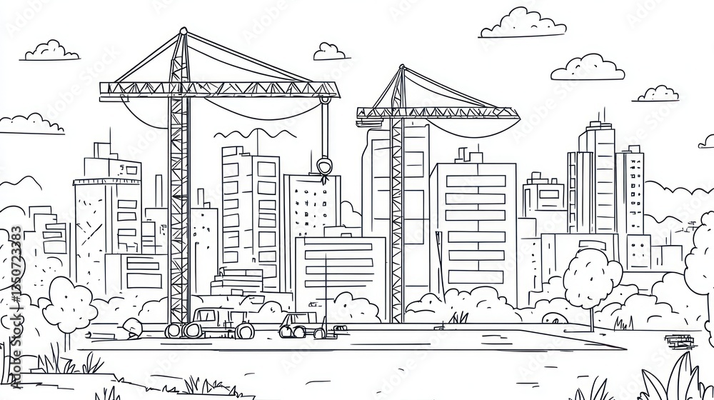 Fototapeta premium Outline drawing of city construction site with cranes