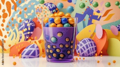 Vibrant Abstract Composition of Colorful Spheres in a Glass with Playful Background Patterns