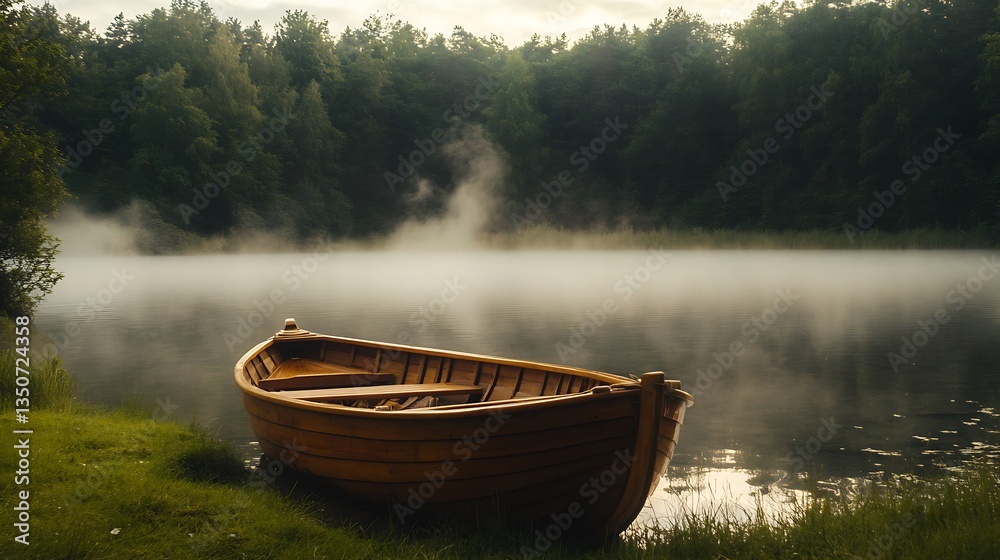Wooden boat on a foggy lake shore, surrounded by trees. Tranquil morning scene Wooden boat on a foggy lake shore, surrounded by trees. Tranquil morning scene