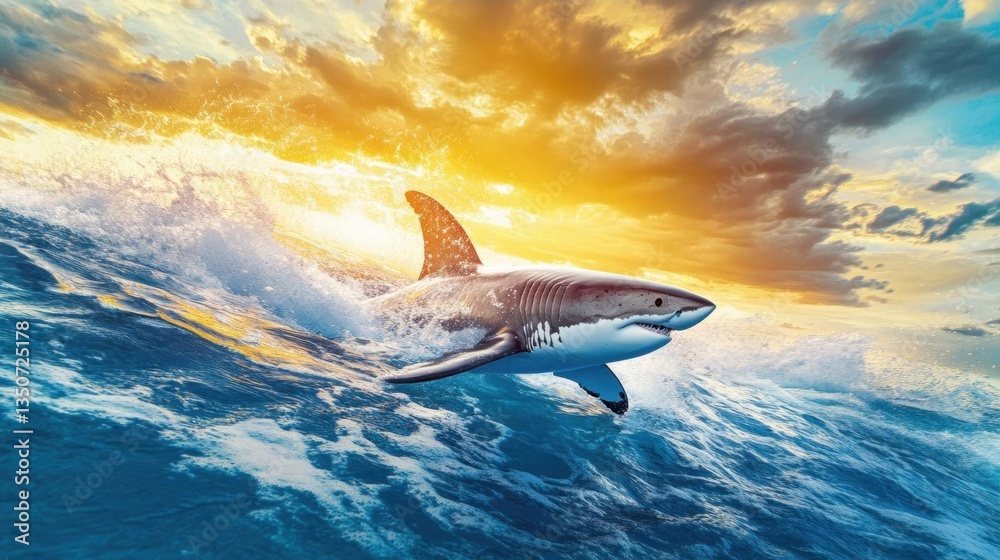 Fototapeta premium Whale Shark Swimming Gracefully Through Vibrant Ocean Waves Under Dramatic Sunset Sky