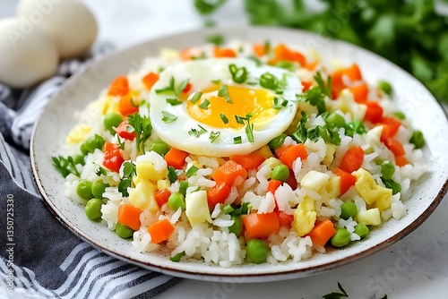 Sunny-Side Up Egg on Vibrant Vegetable Rice Bowl