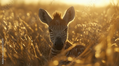 Young Zebra Foal Resting in Golden Grassfield Under Soft Sunset Light in Africa