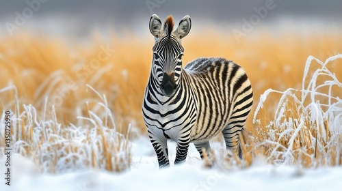 Zebra Standing Among Frosty Grasses in Snowy Landscape During Winter Season