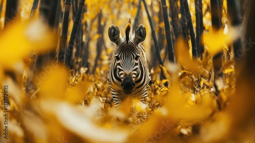 Zebra Standing Among Yellow Autumn Leaves in a Tranquil Forest Environment