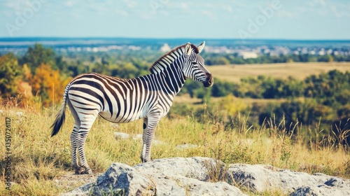 Zebra Standing Gracefully on Rocky Terrain with Lush Green Grass Under Clear Sky in Summer Landscape