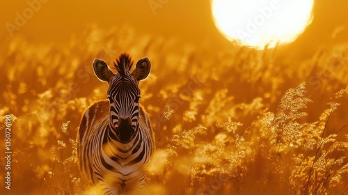 Zebra Standing in Tall Grass During a Golden Sunset in a Serene African Landscape