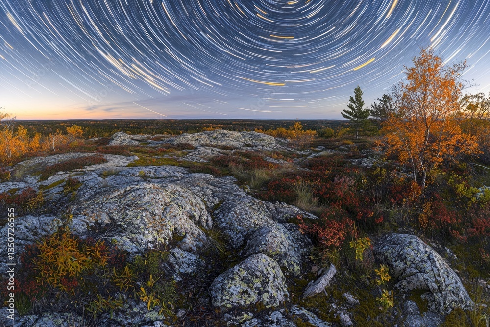 Obraz premium Night Sky With Circular Star Trails and Fall Foliage