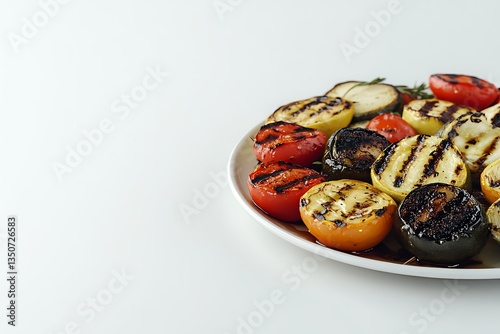 Grilled Vegetable Medley: Charred Tomatoes, Zucchini, and Eggplant on White Plate