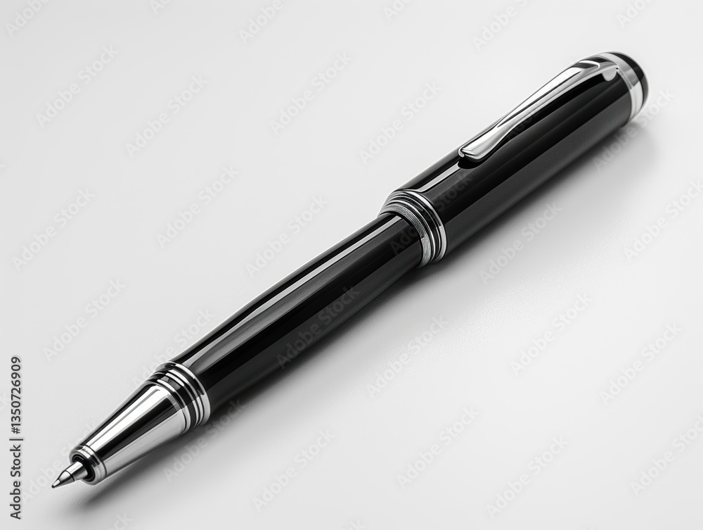 Black pen with a silver clip sits on a white background Black pen with a silver clip sits on a white background