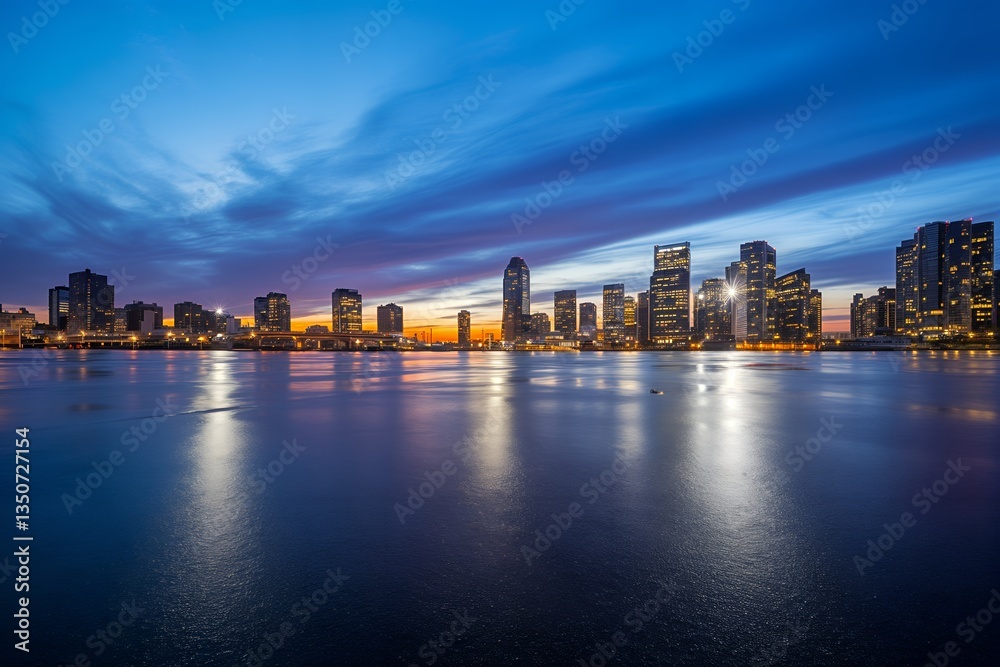 Obraz premium Twilight Cityscape Skyscrapers Reflecting on Wet Ground