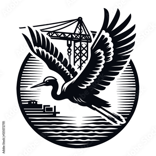 Crane flying done in retro woodcut logo silhouette black color isolated white background
