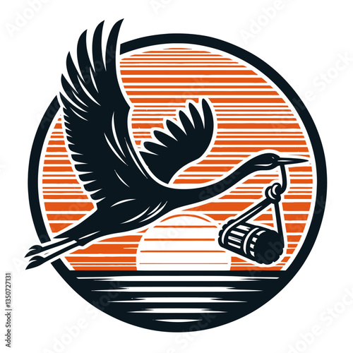 Crane flying done in retro woodcut logo silhouette black color isolated white background