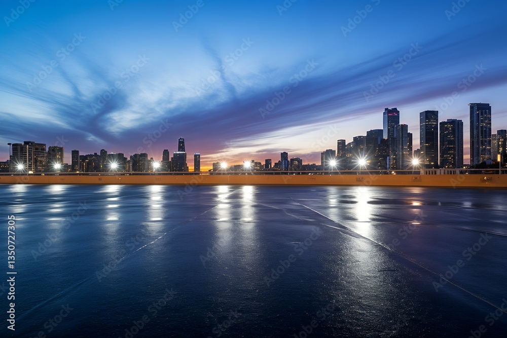 Obraz premium Twilight Cityscape Skyscrapers Reflecting on Wet Ground