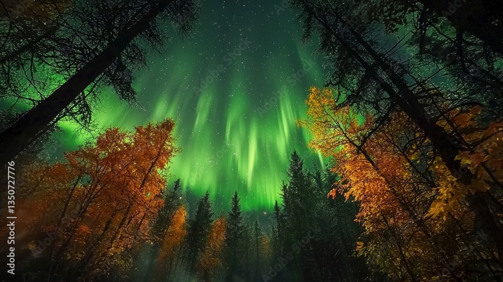 Fototapeta premium Green Aurora Borealis Above a Scenic Fall Landscape at Night